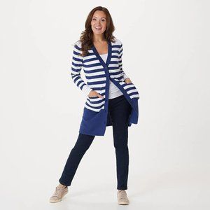 Isaac Mizrahi Live! Choice of Stripe Button-Front Cardigan - Navy/White